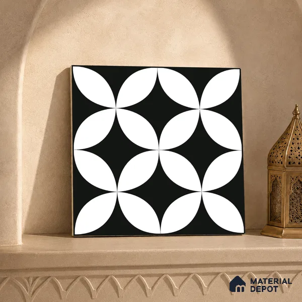 Moroccan Floor & Wall Tile TL 08322 Monochrome Helios 1 ft x 1 ft Matte Finish Vitrified Tile - 9 mm | Suitable for Bathroom, Kitchen, Entryway | Please Expect a Slight Variation of Pattern