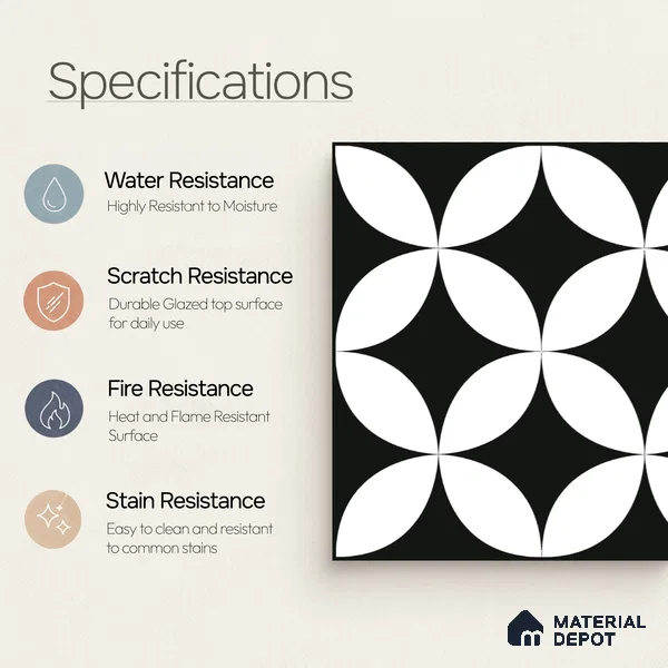 Moroccan Floor & Wall Tile TL 08322 Monochrome Helios 1 ft x 1 ft Matte Finish Vitrified Tile - 9 mm | Suitable for Bathroom, Kitchen, Entryway | Please Expect a Slight Variation of Pattern
