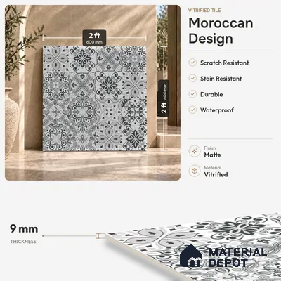 Moroccan Floor & Wall Tile TL 08335 Moroccon 02 2 ft x 2 ft Matte Finish Vitrified Tile - 9 mm | 2 Random Design | Suitable For Kitchen Backsplash, Balcony, Dining Area | Please Expect a Slight Variation of Pattern