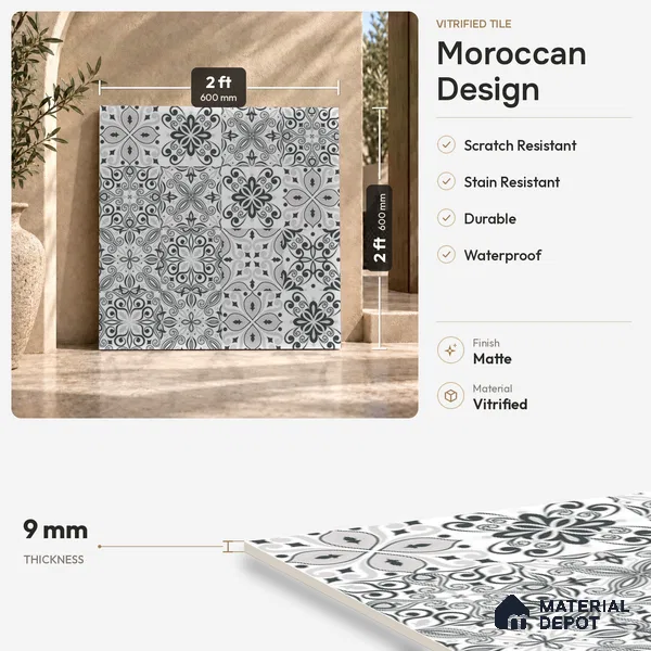 Moroccan Floor & Wall Tile TL 08335 Moroccon 02 2 ft x 2 ft Matte Finish Vitrified Tile - 9 mm | 2 Random Design | Suitable For Kitchen Backsplash, Balcony, Dining Area | Please Expect a Slight Variation of Pattern