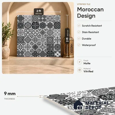 Moroccan Floor & Wall Tile TL 08336 Moroccon 05 2 ft x 2 ft Matte Finish Vitrified Tile - 9 mm | 1 Random Design | Suitable For Kitchen Backsplash, Balcony, Dining Area | Please Expect a Slight Variation of Pattern