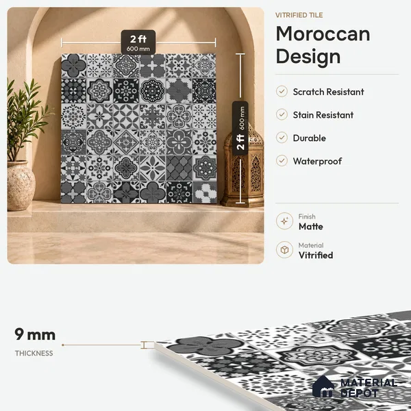 Moroccan Floor & Wall Tile TL 08336 Moroccon 05 2 ft x 2 ft Matte Finish Vitrified Tile - 9 mm | 1 Random Design | Suitable For Kitchen Backsplash, Balcony, Dining Area | Please Expect a Slight Variation of Pattern