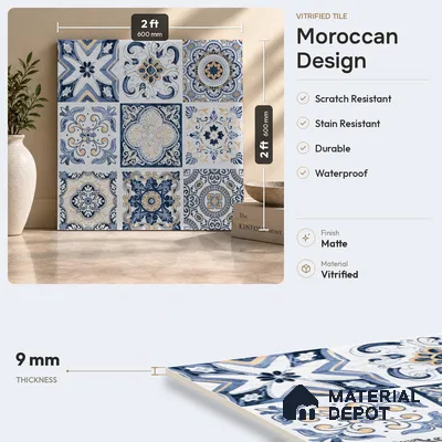 Moroccan Floor & Wall Tile TL 08337 Moroccon 06 2 ft x 2 ft Matte Finish Vitrified Tile - 9 mm | 1 Random Design | Suitable For Balcony, Bedroom, Dining Area | Please Expect a Slight Variation of Pattern