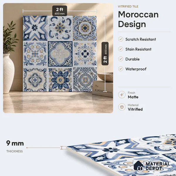 Moroccan Floor & Wall Tile TL 08337 Moroccon 06 2 ft x 2 ft Matte Finish Vitrified Tile - 9 mm | 1 Random Design | Suitable For Balcony, Bedroom, Dining Area | Please Expect a Slight Variation of Pattern