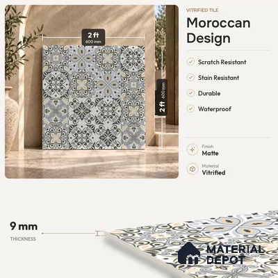 Moroccan Floor & Wall Tile TL 08338 Moroccon 07 2 ft x 2 ft Matte Finish Vitrified Tile - 9 mm | 2 Random Design | Suitable For Kitchen Backsplash, Balcony, Dining Area | Please Expect a Slight Variation of Pattern