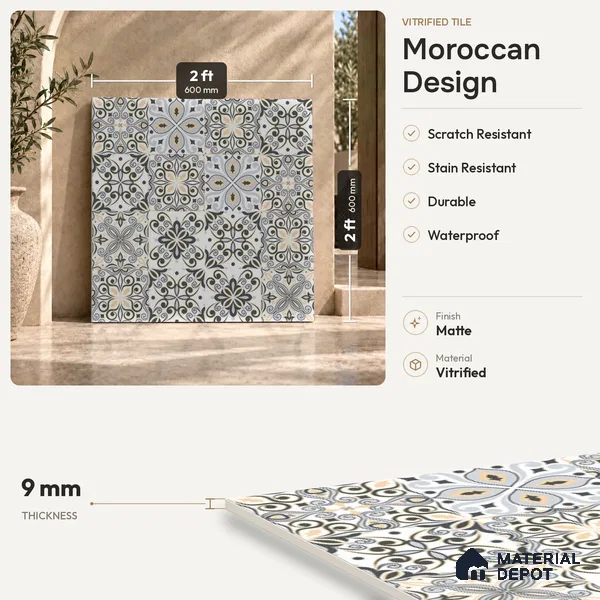 Moroccan Floor & Wall Tile TL 08338 Moroccon 07 2 ft x 2 ft Matte Finish Vitrified Tile - 9 mm | 2 Random Design | Suitable For Kitchen Backsplash, Balcony, Dining Area | Please Expect a Slight Variation of Pattern