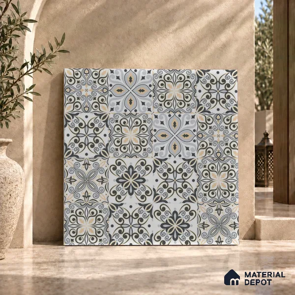 Moroccan Floor & Wall Tile TL 08338 Moroccon 07 2 ft x 2 ft Matte Finish Vitrified Tile - 9 mm | 2 Random Design | Suitable For Kitchen Backsplash, Balcony, Dining Area | Please Expect a Slight Variation of Pattern