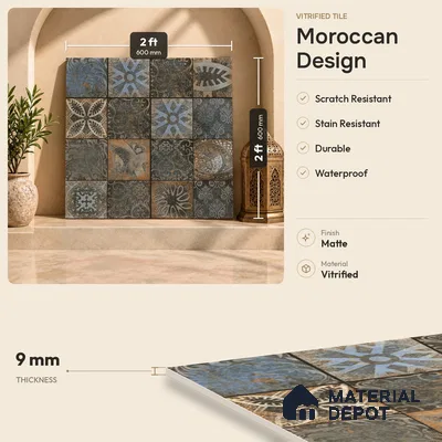 Moroccan Floor & Wall Tile TL 08339 Moroccon 11 2 ft x 2 ft Matte Finish Vitrified Tile - 9 mm | 1 Random Design | Suitable For Courtyard, Balcony, Corridor | Please Expect a Slight Variation of Pattern