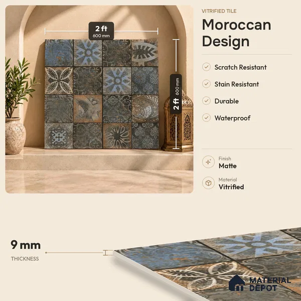 Moroccan Floor & Wall Tile TL 08339 Moroccon 11 2 ft x 2 ft Matte Finish Vitrified Tile - 9 mm | 1 Random Design | Suitable For Courtyard, Balcony, Corridor | Please Expect a Slight Variation of Pattern