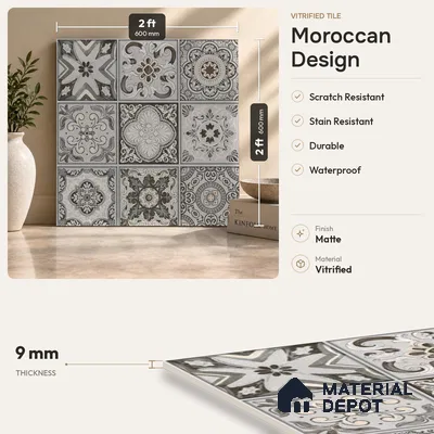 Moroccan Floor & Wall Tile TL 08340 Moroccon 12 2 ft x 2 ft Matte Finish Vitrified Tile - 9 mm | 2 Random Design | Suitable For Kitchen Backsplash, Balcony, Dining Area | Please Expect a Slight Variation of Pattern