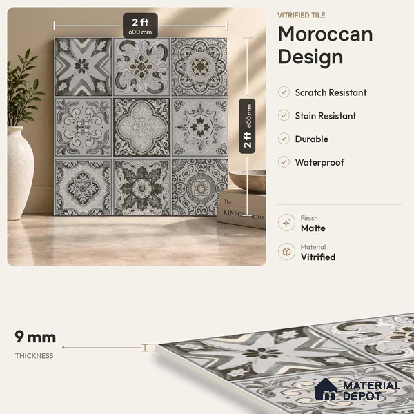 Moroccan Floor & Wall Tile TL 08340 Moroccon 12 2 ft x 2 ft Matte Finish Vitrified Tile - 9 mm | 2 Random Design | Suitable For Kitchen Backsplash, Balcony, Dining Area | Please Expect a Slight Variation of Pattern
