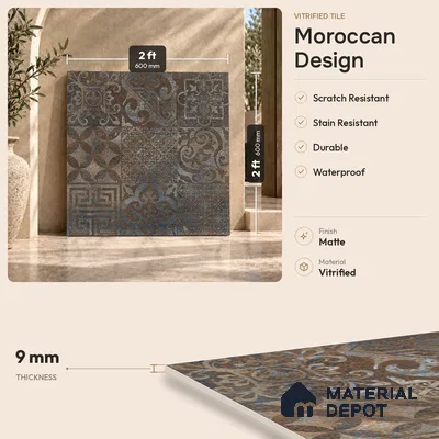 Moroccan Floor & Wall Tile TL 08341 Moroccon 15 2 ft x 2 ft Matte Finish Vitrified Tile - 9 mm | 1 Random Design | Suitable For Courtyard, Balcony, Corridor | Please Expect a Slight Variation of Pattern