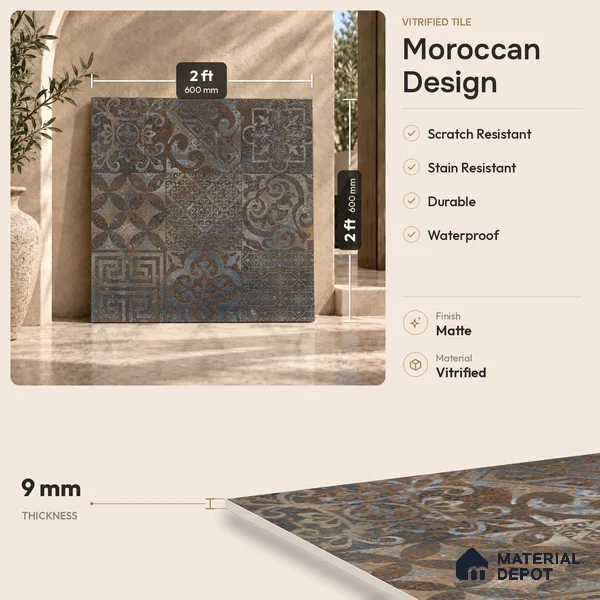 Moroccan Floor & Wall Tile TL 08341 Moroccon 15 2 ft x 2 ft Matte Finish Vitrified Tile - 9 mm | 1 Random Design | Suitable For Courtyard, Balcony, Corridor | Please Expect a Slight Variation of Pattern