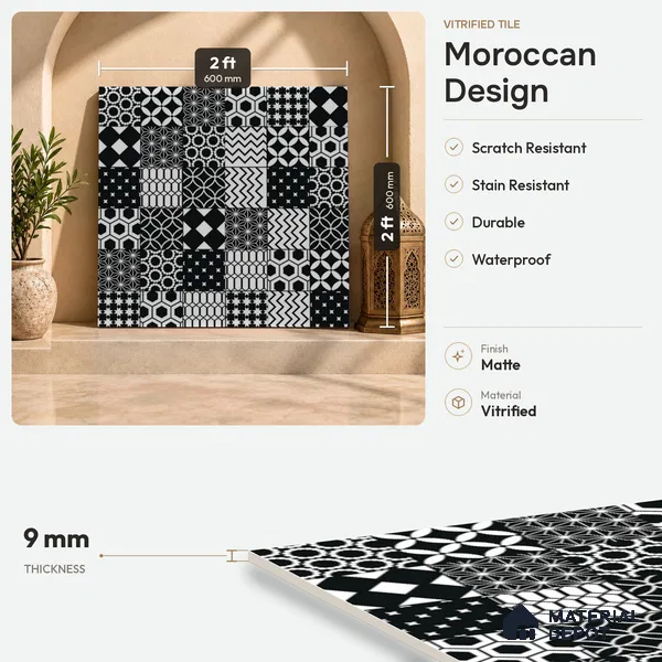 Moroccan Floor & Wall Tile TL 08342 Moroccon 16 2 ft x 2 ft Matte Finish Vitrified Tile - 9 mm | 3 Random Design | Suitable For Kitchen Backsplash, Balcony, Dining Area | Please Expect a Slight Variation of Pattern