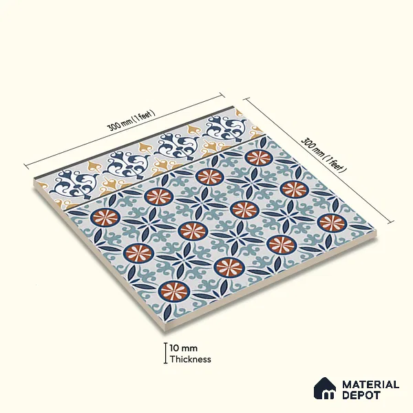 Moroccan Carpet Tile TL 08345 B 61018 B 1 ft x 1 ft Ceramic Matte Finish - 10 mm | Suitable For Living Room, Kitchen, Dining Area | Please Expect a Slight Variation of Pattern