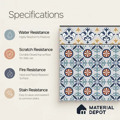 Moroccan Carpet Tile TL 08345 B 61018 B 1 ft x 1 ft Ceramic Matte Finish - 10 mm | Suitable For Living Room, Kitchen, Dining Area | Please Expect a Slight Variation of Pattern