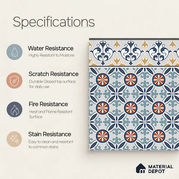 Moroccan Carpet Tile TL 08345 B 61018 B 1 ft x 1 ft Ceramic Matte Finish - 10 mm | Suitable For Living Room, Kitchen, Dining Area | Please Expect a Slight Variation of Pattern