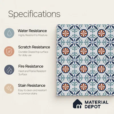 Moroccan Carpet Wall & Floor Tile TL 08345 C 61018 C 1 ft x 1 ft Ceramic Matte Finish - 10 mm | Suitable For Bathroom, Kitchen, Balcony | Please Expect a Slight Variation of Pattern