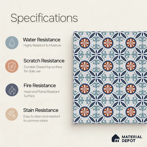Moroccan Carpet Wall & Floor Tile TL 08345 C 61018 C 1 ft x 1 ft Ceramic Matte Finish - 10 mm | Suitable For Bathroom, Kitchen, Balcony | Please Expect a Slight Variation of Pattern