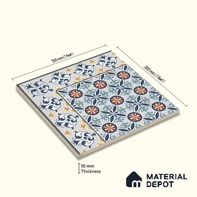 Moroccan Carpet Tile TL 08345 61018 A 1 ft x 1 ft Ceramic Matte Finish - 10 mm | Suitable For Living Room, Kitchen, Dining Area | Please Expect a Slight Variation of Pattern