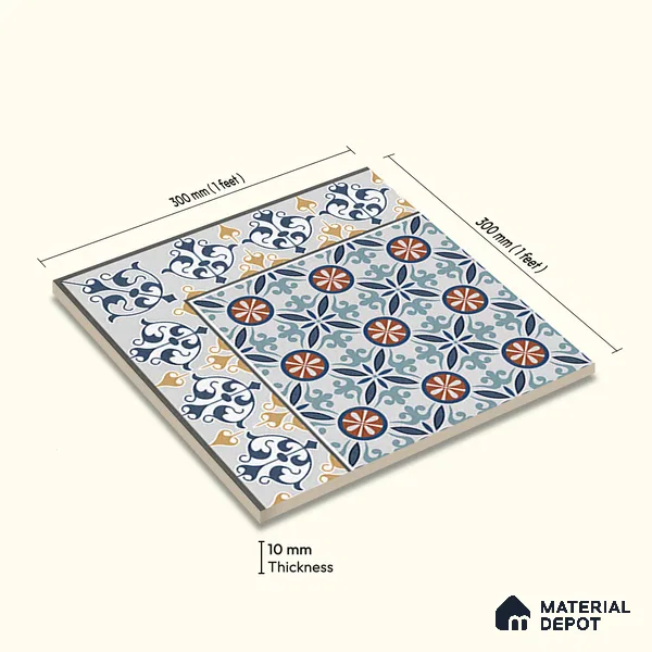 Moroccan Carpet Tile TL 08345 61018 A 1 ft x 1 ft Ceramic Matte Finish - 10 mm | Suitable For Living Room, Kitchen, Dining Area | Please Expect a Slight Variation of Pattern