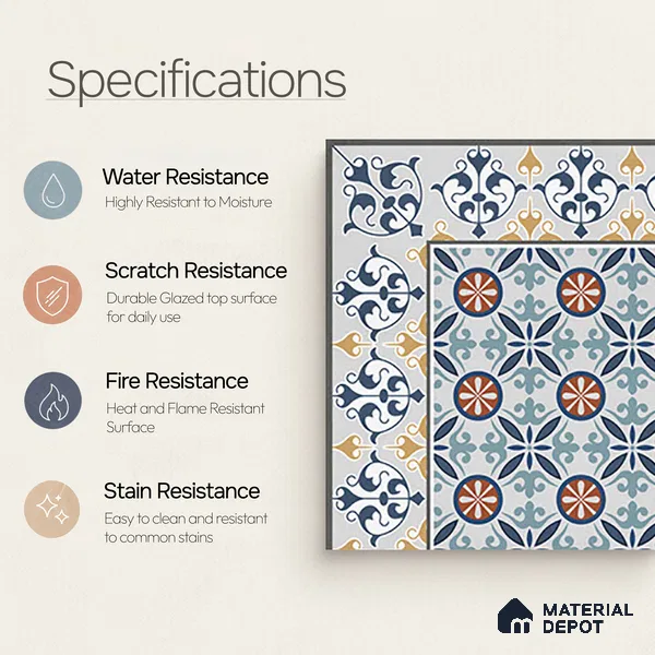Moroccan Carpet Tile TL 08345 61018 A 1 ft x 1 ft Ceramic Matte Finish - 10 mm | Suitable For Living Room, Kitchen, Dining Area | Please Expect a Slight Variation of Pattern