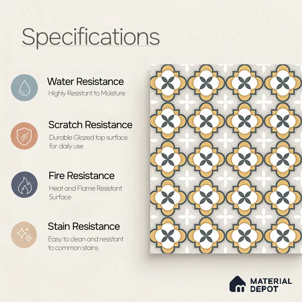 Moroccan Carpet Wall & Floor Tile TL 08346 C 61019 C 1 ft x 1 ft Ceramic Matte Finish - 10 mm | Suitable For Bathroom, Kitchen, Balcony | Please Expect a Slight Variation of Pattern