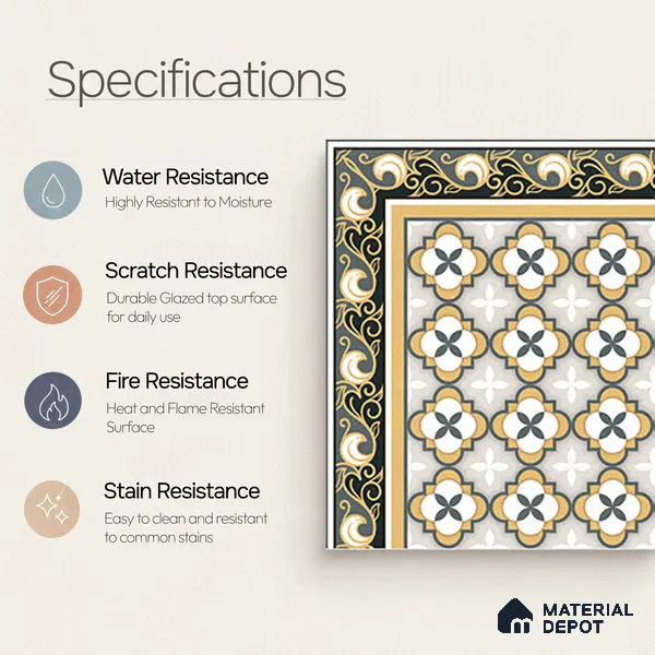Moroccan Carpet Tile TL 08346 61019 A 1 ft x 1 ft Ceramic Matte Finish - 10 mm | Suitable For Living Room, Kitchen, Dining Area | Please Expect a Slight Variation of Pattern