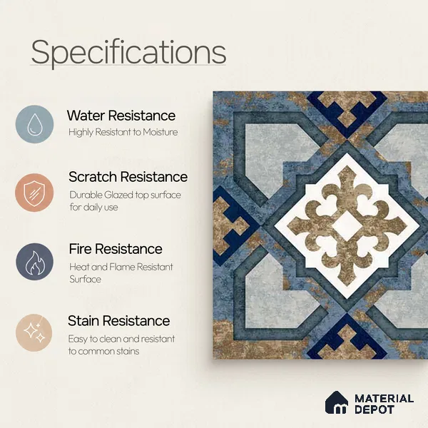 Moroccan Wall & Floor Tile TL 08375 1 ft x 1 ft Vitrified Matte Finish - 8 mm | Suitable For Bathroom, Kitchen, Balcony | Please Expect a Slight Variation of Pattern