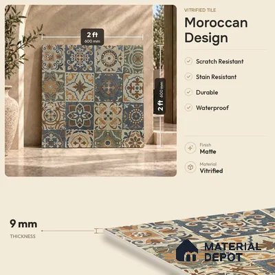 Moroccan Floor & Wall Tile TL 08490 Casa Kenitra Beige 2 ft x 2 ft Matte Finish Vitrified Tile - 9 mm | Suitable For Kitchen, Accent/Feature Wall, Balcony | Please Expect a Slight Variation of Pattern