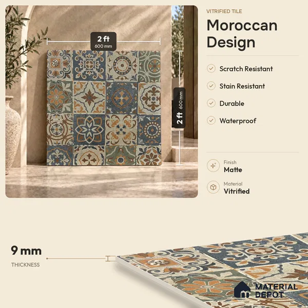 Moroccan Floor & Wall Tile TL 08490 Casa Kenitra Beige 2 ft x 2 ft Matte Finish Vitrified Tile - 9 mm | Suitable For Kitchen, Accent/Feature Wall, Balcony | Please Expect a Slight Variation of Pattern