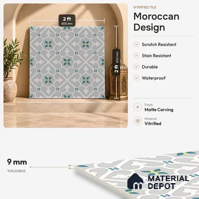 Moroccan Floor & Wall Tile TL 08491 Decor 19 2 ft x 2 ft Carving Matte Finish Vitrified Tile - 9 mm | 1 Random Design | Suitable For Kitchen, Balcony, Dining Area | Please Expect a Slight Variation of Pattern
