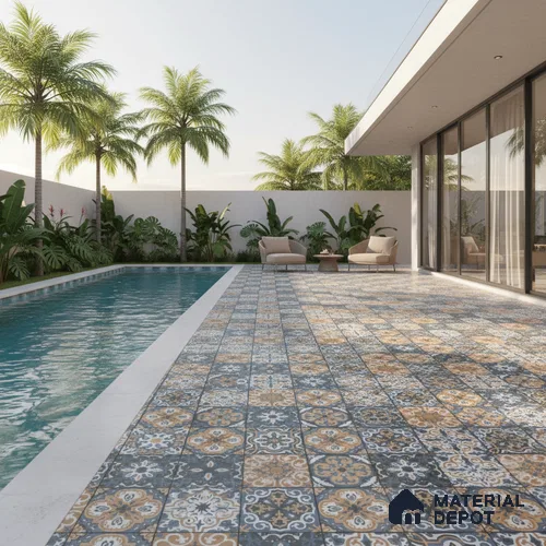 Budget Friendly Moroccan Look Value for Money Parking Sepia Terrain Floor Tile 16 x 16 inch | TL 08552 | Vitrified Matte Finish Tile - 12 mm | Suitable For Parking, Outdoor, Balcony & Terrace | Pattern Alignment May Vary | 2-3 mm Spacer is Mandatory