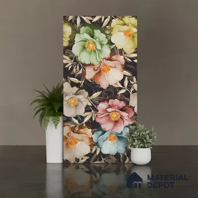 Floral Wall Tile TL 08780 C  Shimmer Black Decor 4 ft x 2 ft Vitrified Carving Matte Finish - 9 mm | Suitable for Bathroom, Accent/Feature Wall, Foyer
