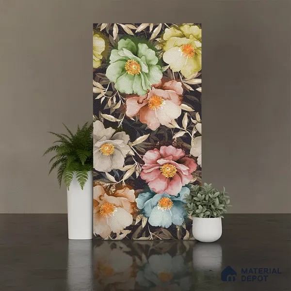 Floral Wall Tile TL 08780 C Shimmer Black Decor 4 ft x 2 ft Vitrified Carving Matte Finish - 9 mm | Suitable for Bathroom, Accent/Feature Wall, Foyer