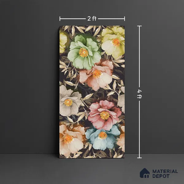 Floral Wall Tile TL 08780 C Shimmer Black Decor 4 ft x 2 ft Vitrified Carving Matte Finish - 9 mm | Suitable for Bathroom, Accent/Feature Wall, Foyer