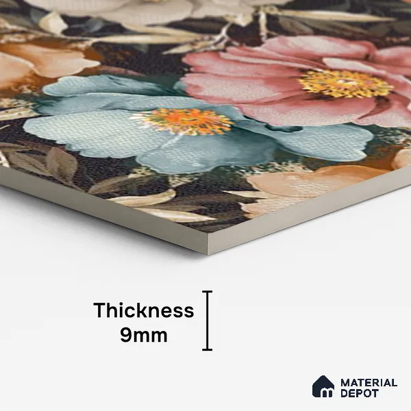 Floral Wall Tile TL 08780 C Shimmer Black Decor 4 ft x 2 ft Vitrified Carving Matte Finish - 9 mm | Suitable for Bathroom, Accent/Feature Wall, Foyer