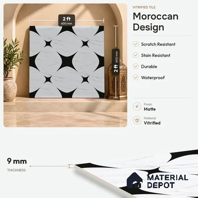 Moroccan Floor & Wall Tile TL 08812 Star Monochrome 2 ft x 2 ft Matte Finish Porcelain Tile - 9 mm | Suitable For Kitchen, Bathroom, Dining Area | Please Expect a Slight Variation of Pattern
