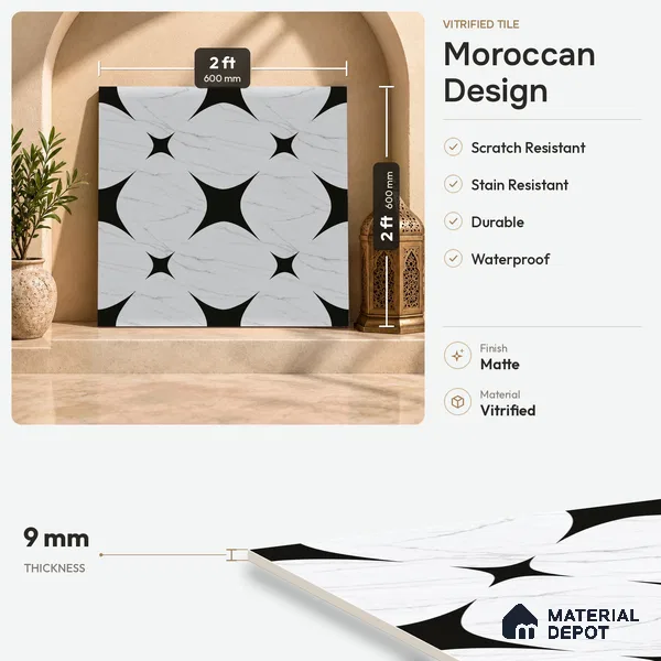 Moroccan Floor & Wall Tile TL 08812 Star Monochrome 2 ft x 2 ft Matte Finish Porcelain Tile - 9 mm | Suitable For Kitchen, Bathroom, Dining Area | Please Expect a Slight Variation of Pattern