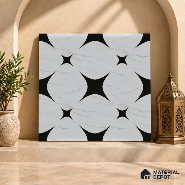 Moroccan Floor & Wall Tile TL 08812 Star Monochrome 2 ft x 2 ft Matte Finish Porcelain Tile - 9 mm | Suitable For Kitchen, Bathroom, Dining Area | Please Expect a Slight Variation of Pattern