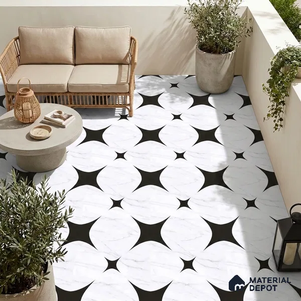 Moroccan Floor & Wall Tile TL 08812 Star Monochrome 2 ft x 2 ft Matte Finish Porcelain Tile - 9 mm | Suitable For Kitchen, Bathroom, Dining Area | Please Expect a Slight Variation of Pattern
