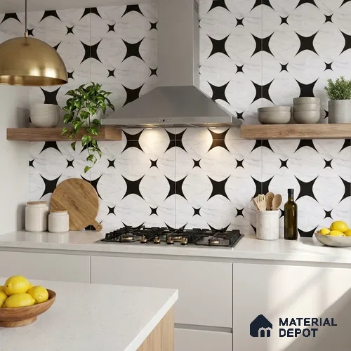 Moroccan Floor & Wall Tile TL 08812 Star Monochrome 2 ft x 2 ft Matte Finish Porcelain Tile - 9 mm | Suitable For Kitchen, Bathroom, Dining Area | Please Expect a Slight Variation of Pattern