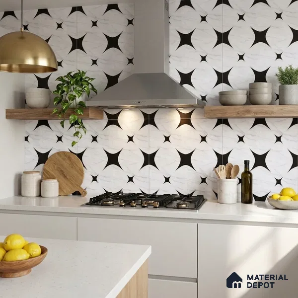 Moroccan Floor & Wall Tile TL 08812 Star Monochrome 2 ft x 2 ft Matte Finish Porcelain Tile - 9 mm | Suitable For Kitchen, Bathroom, Dining Area | Please Expect a Slight Variation of Pattern
