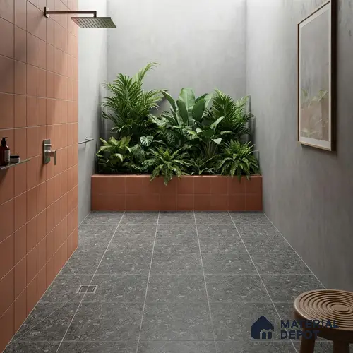 Black Terrazzo Parking Floor Tile TL 09074 B  Terre Nero 16 inch x 16 inch Vitrified Carving Matte Finish - 12 mm | Suitable for Parking, Terrace | Pattern Alignment May Vary | 2-3 mm Spacer is Mandatory