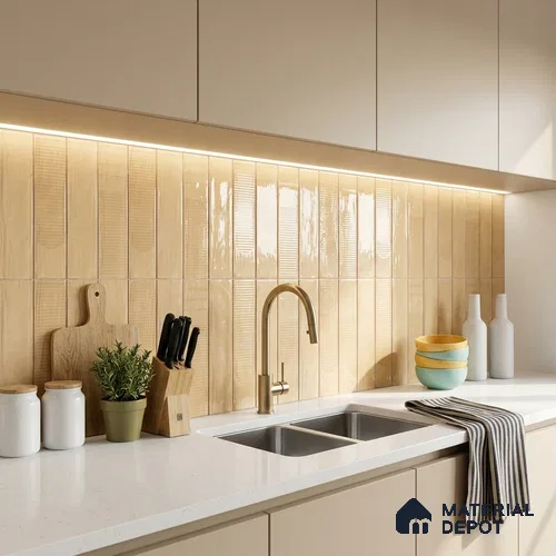Cream Faux Subway Wall Tile TL 09094 D  Lucido Carmel 1 ft x 1 ft Ceramic Glossy Finish - 9 mm | Suitable for Highlighter Wall, Bathroom, Kitchen Wall & Backsplash | Please Expect a Slight Variation of Pattern