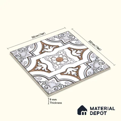 Moroccan Wall & Floor Tile TL 09102 104 1 ft x 1 ft Vitrified Carving Matte Finish - 9 mm | Suitable For Bathroom, Kitchen, Balcony | Please Expect a Slight Variation of Pattern