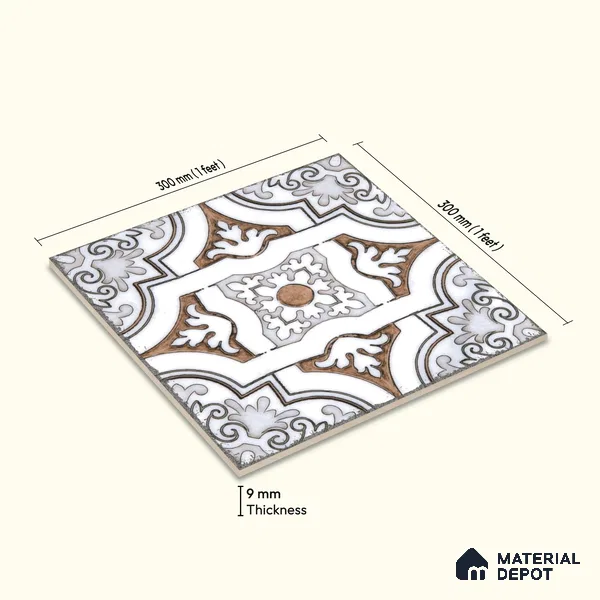 Moroccan Wall & Floor Tile TL 09102 104 1 ft x 1 ft Vitrified Carving Matte Finish - 9 mm | Suitable For Bathroom, Kitchen, Balcony | Please Expect a Slight Variation of Pattern