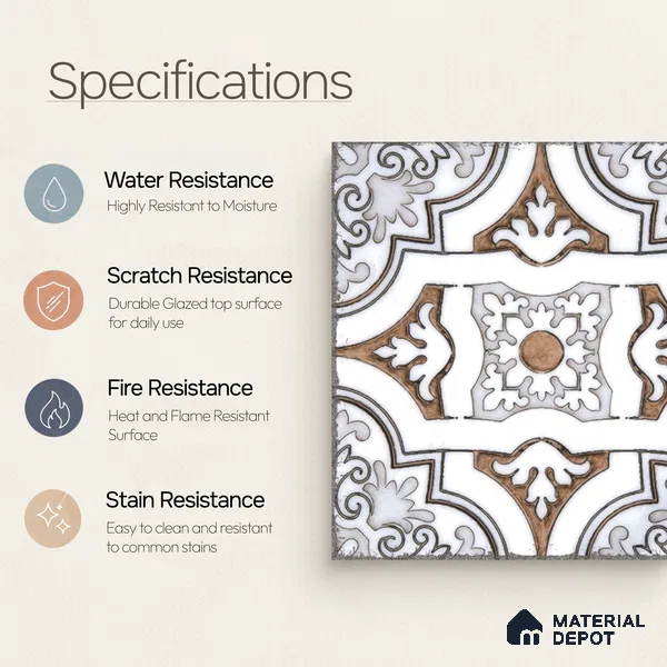 Moroccan Wall & Floor Tile TL 09102 104 1 ft x 1 ft Vitrified Carving Matte Finish - 9 mm | Suitable For Bathroom, Kitchen, Balcony | Please Expect a Slight Variation of Pattern