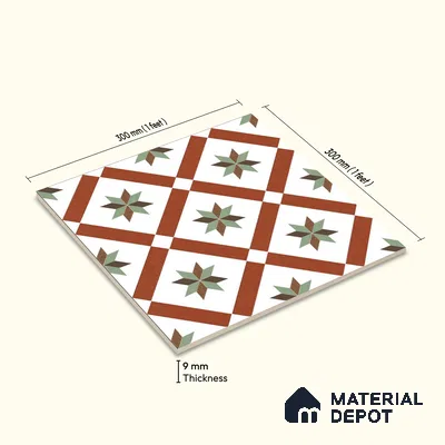 Moroccan Wall & Floor Athangudi Tile TL 09105 132 1 ft x 1 ft Vitrified Carving Matte Finish - 9 mm | Suitable For Bathroom, Kitchen, Balcony | Please Expect a Slight Variation of Pattern