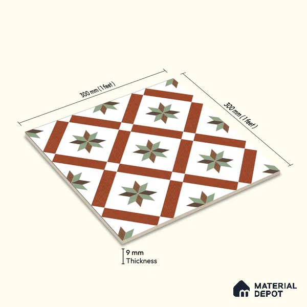 Moroccan Wall & Floor Athangudi Tile TL 09105 132 1 ft x 1 ft Vitrified Carving Matte Finish - 9 mm | Suitable For Bathroom, Kitchen, Balcony | Please Expect a Slight Variation of Pattern